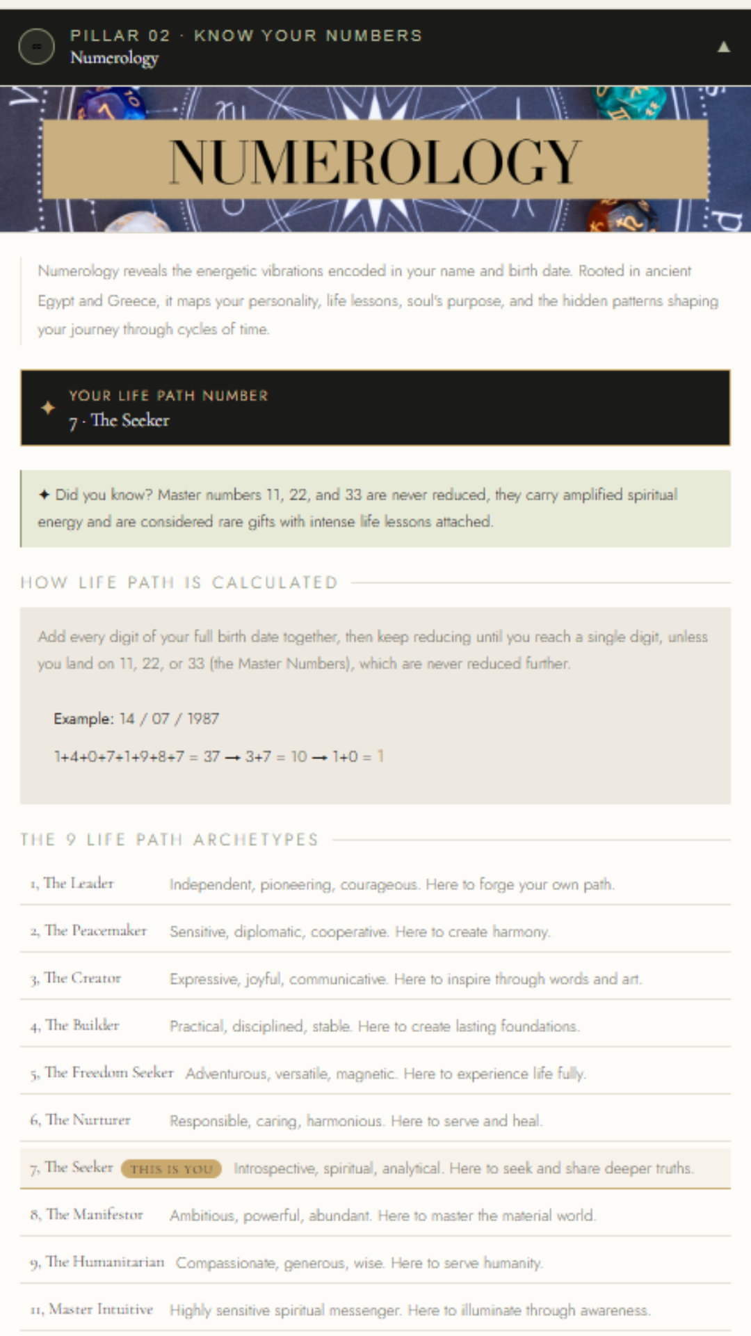 A page from the Self-Made Blueprint's Numerology pillar, showing life path number 7 the Seeker